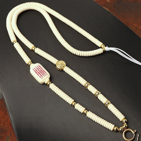 Tibetan Thangka Chain – White Five-Script Yak Bone Design with Steel Clasp