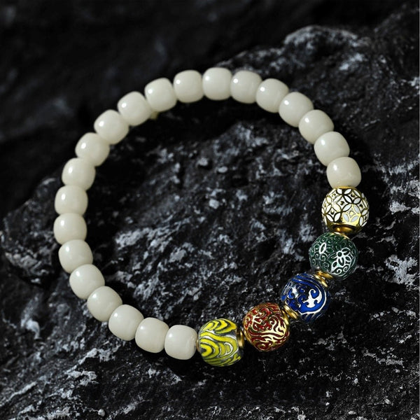 Five Elements Harmony Aged Bodhi Seed Mala: 8mm Beads + Elemental Gems, Balanced Energy Flow