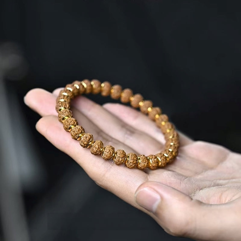 "Golden Shield Vajra" Old Tree King Vajra Rosary Bracelet - 9mm five-petal seed alloy inlay, providing unbreakable protection and strength - Buddhabelief