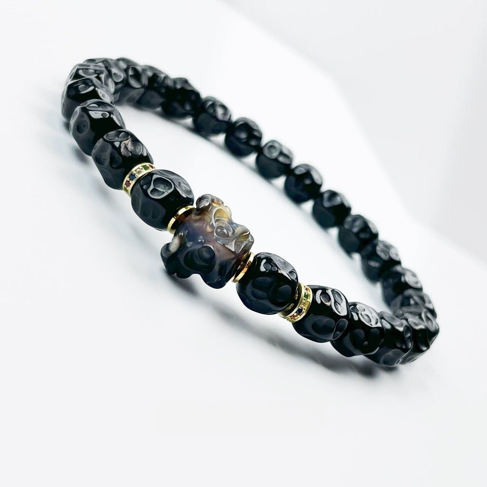 Hand-Carved Garuda Coconut Shell Bracelet – Black Gold Mala - view 1