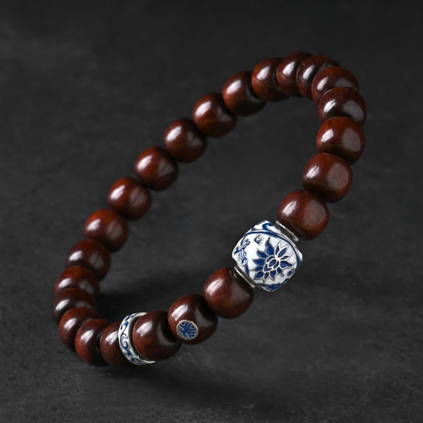 Celestial Blue Enamel Sandalwood Mala – Porcelain Art Bracelet
