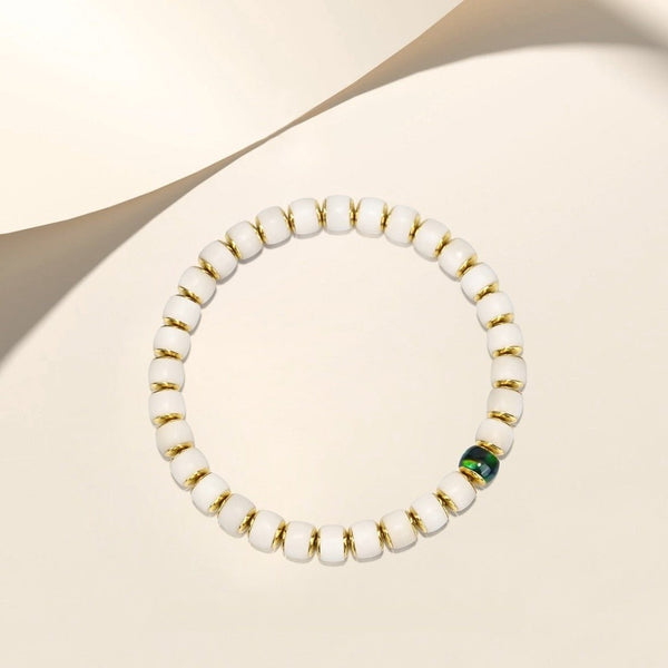 Golden Aegis White Bodhi Mala | 7mm Beads with Jade Tide Inlays