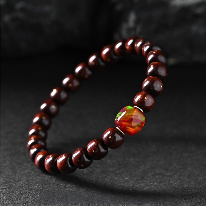 'Dragon Tiger Mystical Flame' Bracelet - Old Stock Small - Leaf Sandalwood with Golden Starry Sky Pattern - Master Crafted Antique Beads - Buddhabelief