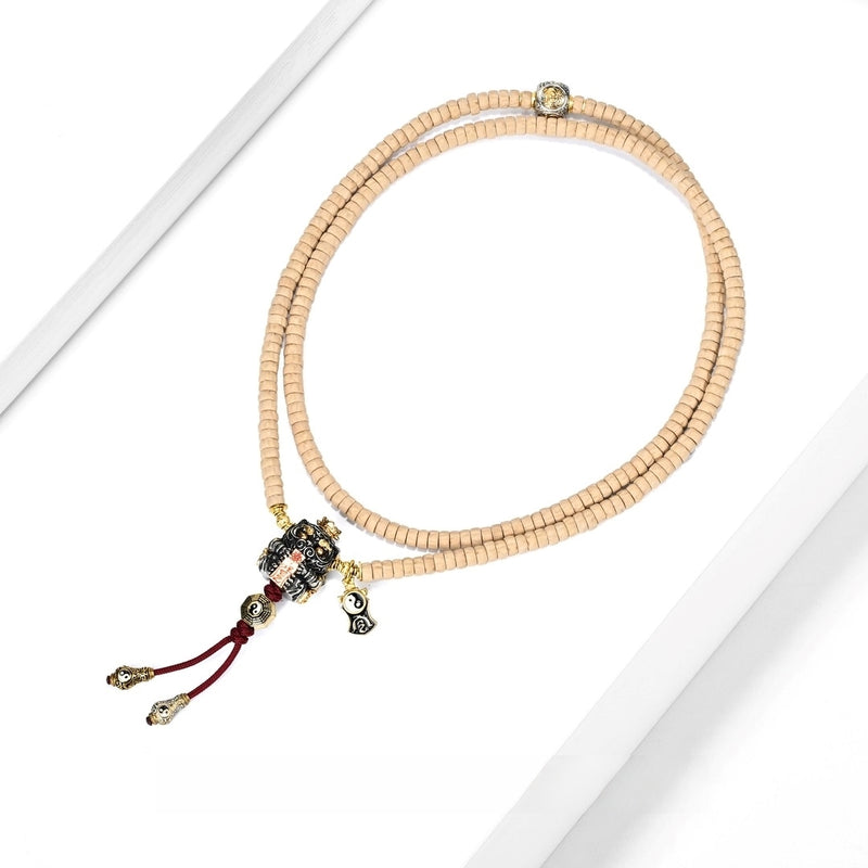 "Golden Honored White Emperor · Mystical Tiger" Taoist Mala - 5mm Regong Cypress Medicine Disc Necklace - Monk-Blessed Spiritual Beads for Authority & Cosmic Protection - Buddhabelief