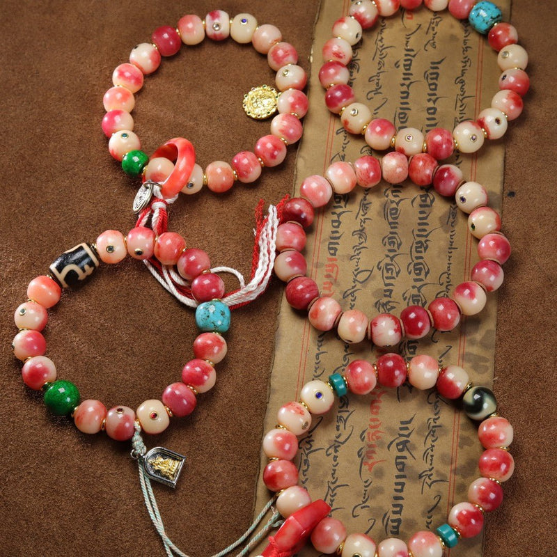 Camel Bone Mala Bracelet with Deer Antler Treasure Vessel Dzi Bead - Monk - Blessed Spiritual Jewelry for Auspicious Blessings & Protection - Buddhabelief