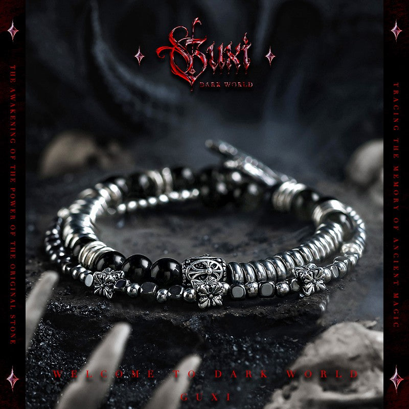 Nether Realm Dark Gothic 925 Silver Beaded Bracelet - 925 Silver Bracelet for Men