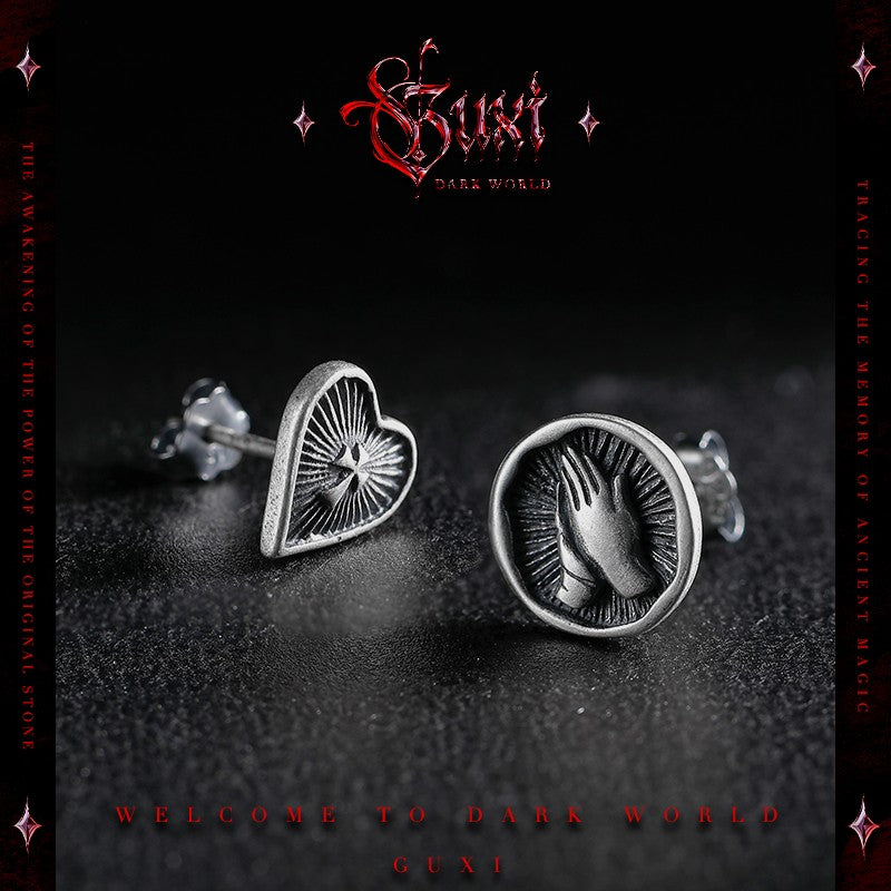Prayer Hand Heart Asymmetric Earrings 925 Silver - Mismatched Studs - Buddhabelief