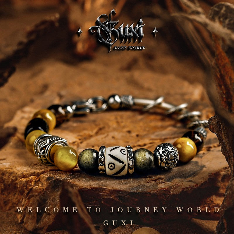 Yinglong Dragon Beaded Bracelet for Men - 925 Silver — front view | Buddhabelief