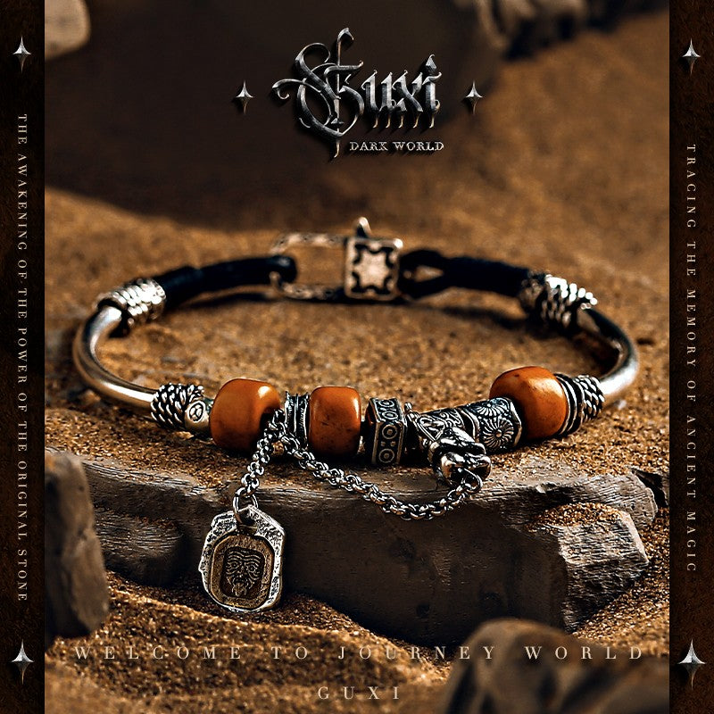 Men's Emblem Zhajilamu 925 Silver Vintage Hand String — front view | Buddhabelief