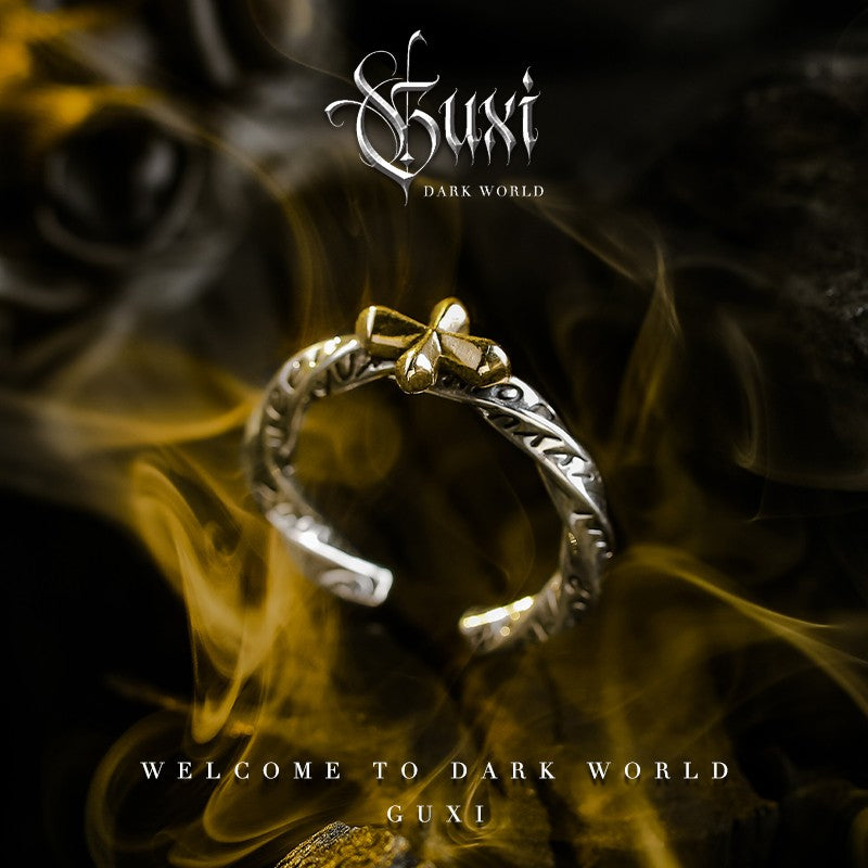 Illuminated Dark Cross Möbius Ring in 925 Silver — front view (Buddhabelief sterling silver ring collection)