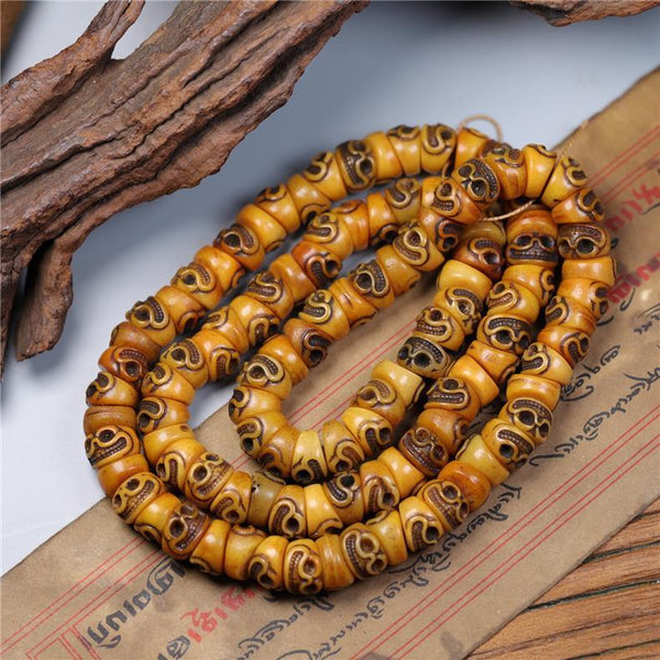 Hand-Carved Cow Bone Skull 108 Prayer Beads – Tibetan Mala