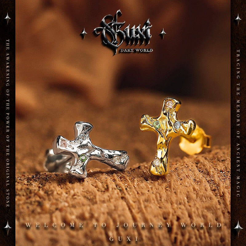 Diamond Cross Stud Earrings 925 Silver - Gold Silver Available - Buddhabelief