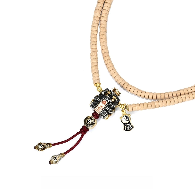 "Golden Honored White Emperor · Mystical Tiger" Taoist Mala - 5mm Regong Cypress Medicine Disc Necklace - Monk-Blessed Spiritual Beads for Authority & Cosmic Protection - Buddhabelief