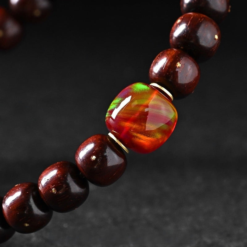 'Dragon Tiger Mystical Flame' Bracelet - Old Stock Small - Leaf Sandalwood with Golden Starry Sky Pattern - Master Crafted Antique Beads - Buddhabelief