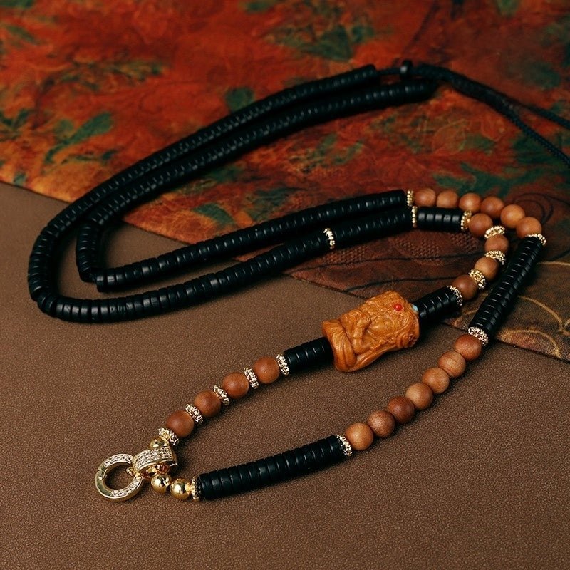 Coconut Shell & Sandalwood Zhai Lhamo Necklace – Tibetan Wealth Amulet — view 2