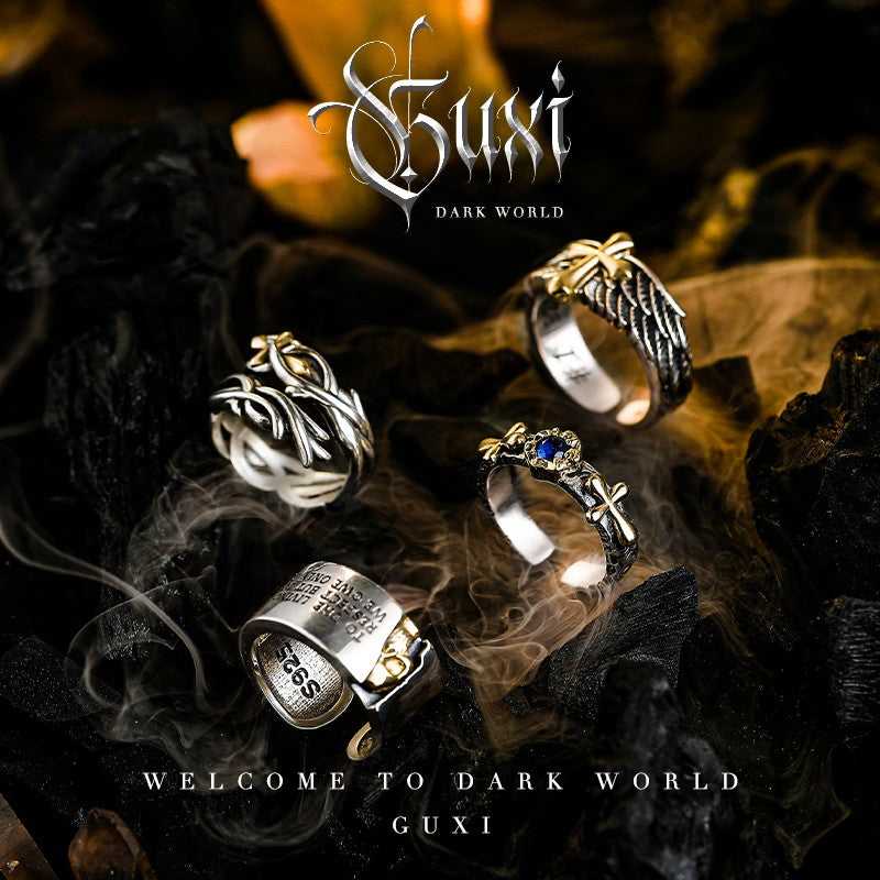Eternal Night Vintage Textured 925 Silver Open Ring — side detail (Buddhabelief sterling silver ring collection)