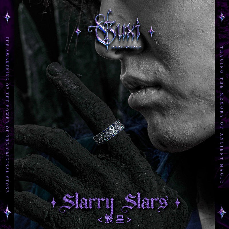 Celestial Stars 925 Silver Men's Open Ring detail view 1