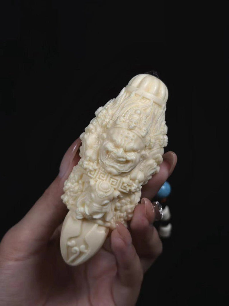 Hand - Carved Ivory Nut Mahākāla Handheld Ornament – Buddhist Protector Deity Art for Collection & Blessing - Buddhabelief