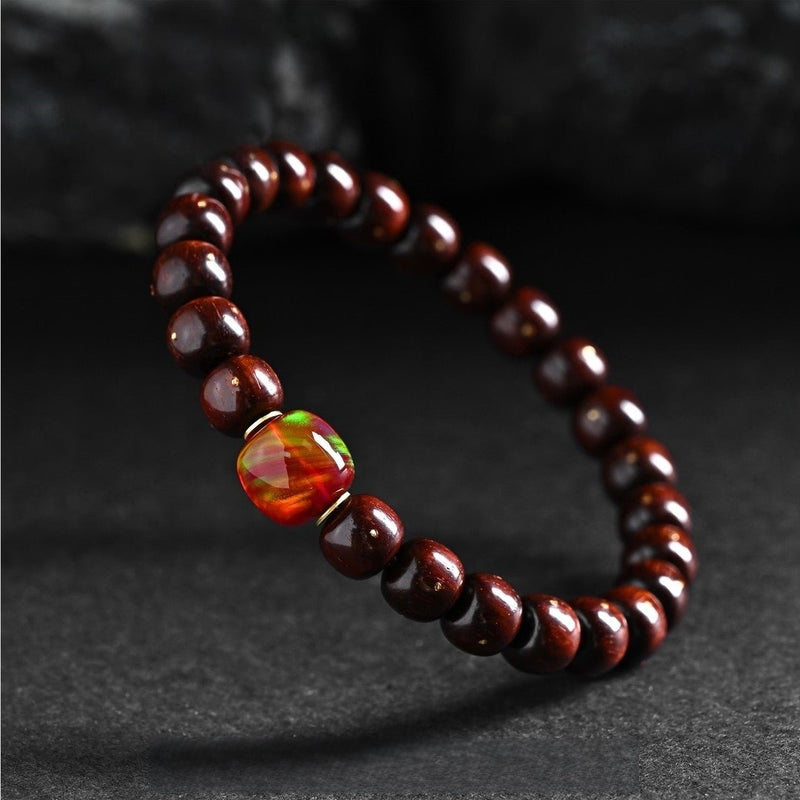 'Dragon Tiger Mystical Flame' Bracelet - Old Stock Small - Leaf Sandalwood with Golden Starry Sky Pattern - Master Crafted Antique Beads - Buddhabelief