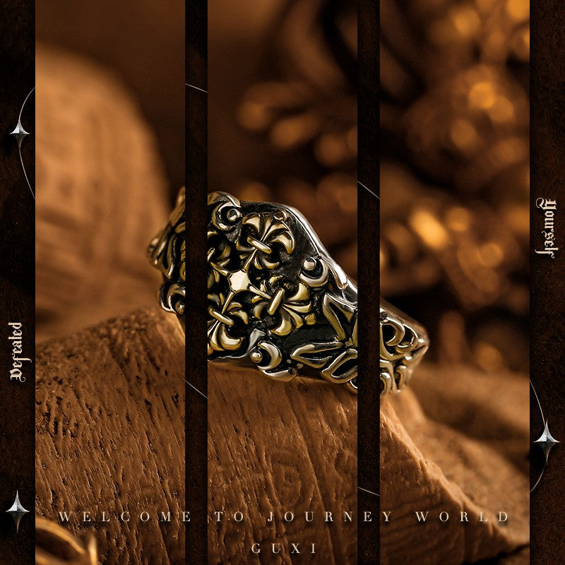 925 Silver Gothic Arabesque Cross Ring — worn on hand close-up (Buddhabelief sterling silver ring collection)