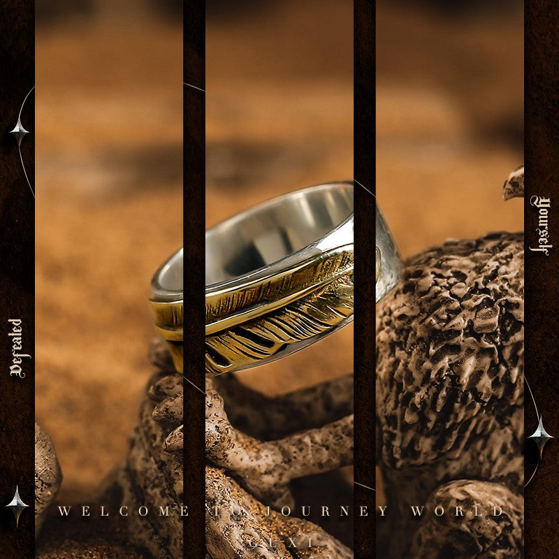 925 Silver Feather Ring - Vintage Men's Statement Band detail view 2