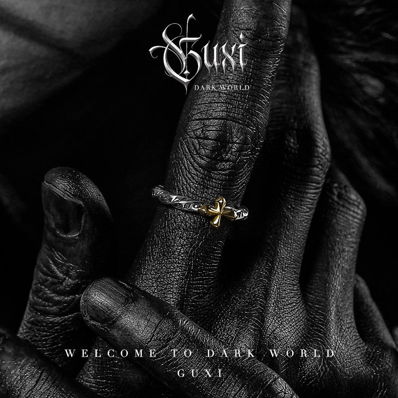 Illuminated Dark Cross Möbius Ring in 925 Silver — worn on hand close-up (Buddhabelief sterling silver ring collection)