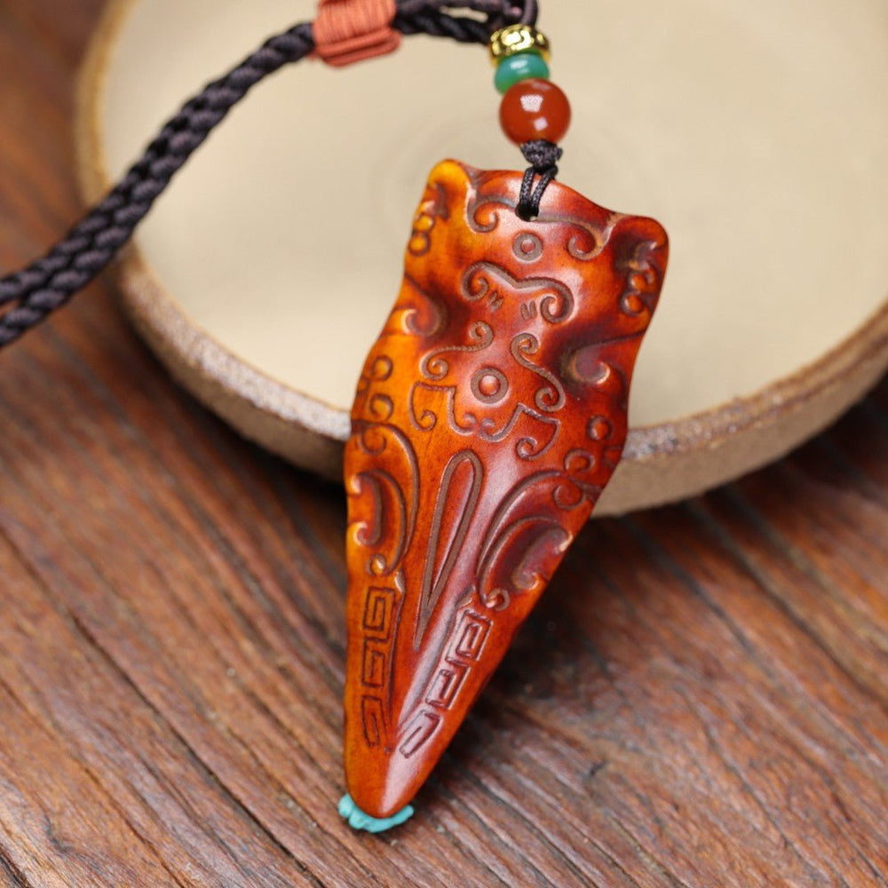 Crackled Patina Yak Bone Vajra Pendant - Auspicious Beast Thunderbolt Scepter — view 4