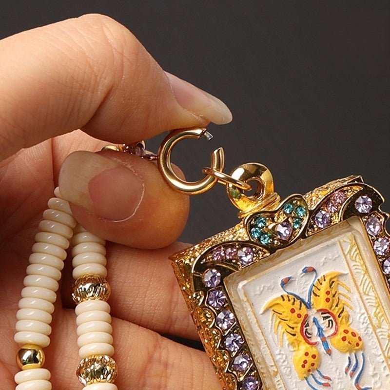 Tibetan Thangka Chain – White Five-Script Yak Bone Design with Steel Clasp — view 4