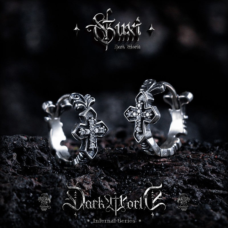 Small silver hoops with dangling cross pendants CZ diamonds textured finish