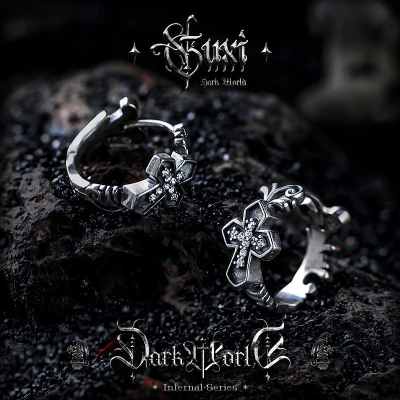 Gothic cross charm hoop earrings 925 silver mens womens unisex jewelry
