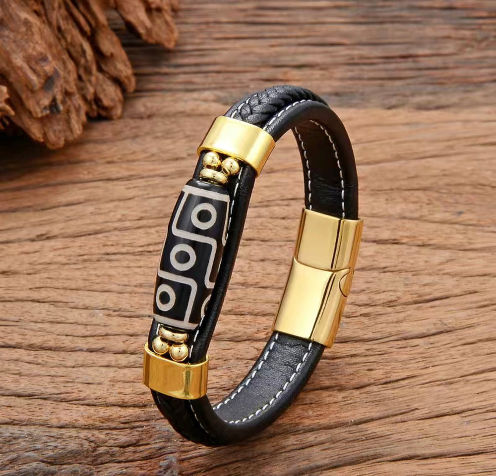 Tibetan Nine‑Eye Dzi Leather Woven Bracelet – Luck & Protection - view 2