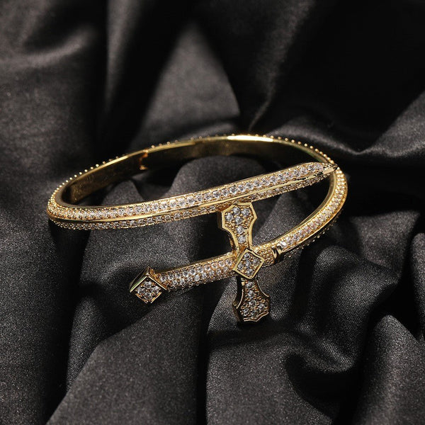 Gold Iced Sword Bracelet - Statement Hip Hop Cuff with Zirconia