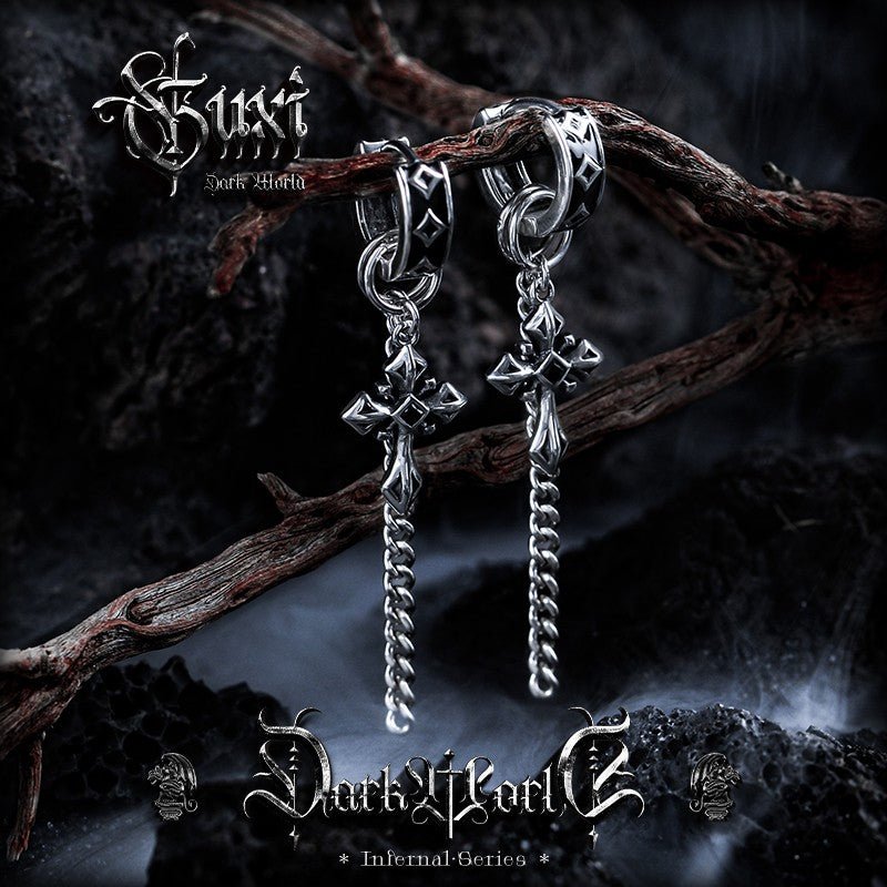 Gothic Chain Cross Earrings 925 Silver - Long Dangle Threader - Buddhabelief