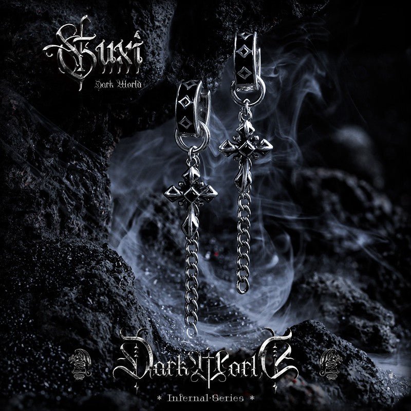 Gothic Chain Cross Earrings 925 Silver - Long Dangle Threader - Buddhabelief