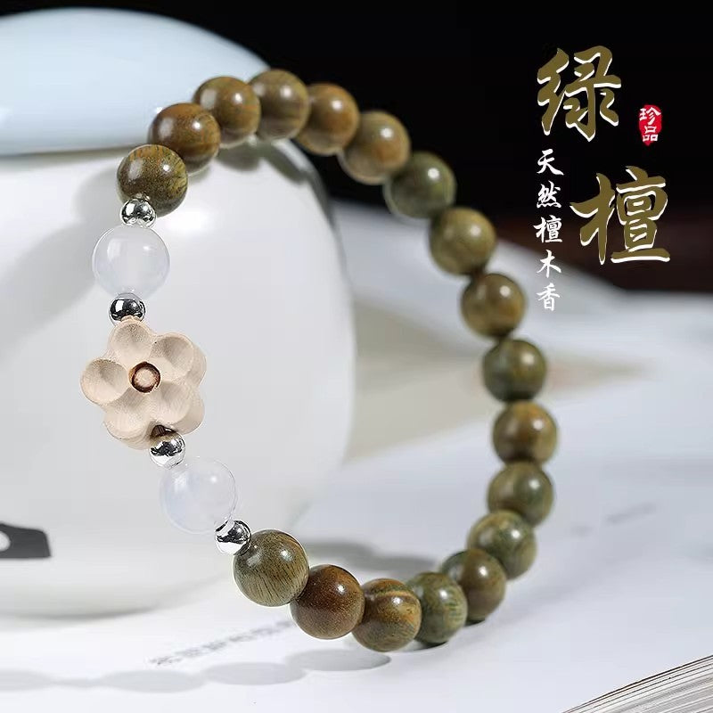 Green Sandalwood Bracelet with Carved Flower - view 3
