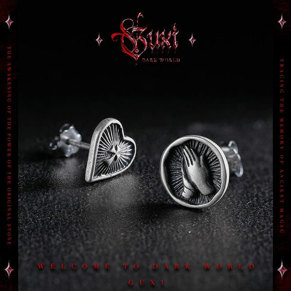 Prayer Hand Heart Asymmetric Earrings 925 Silver - Mismatched Studs