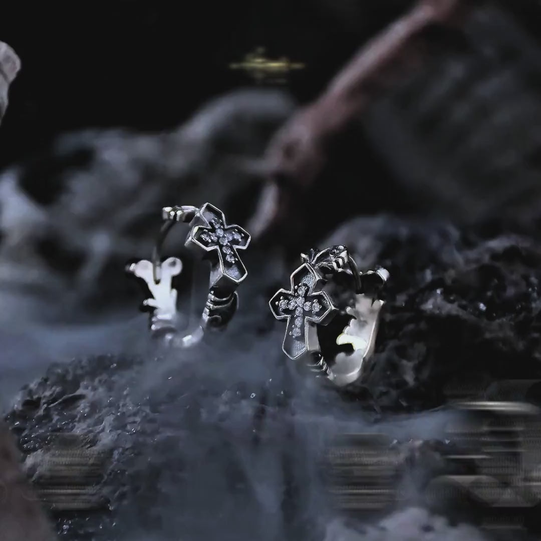 Small silver hoops with dangling cross pendants CZ diamonds textured finish