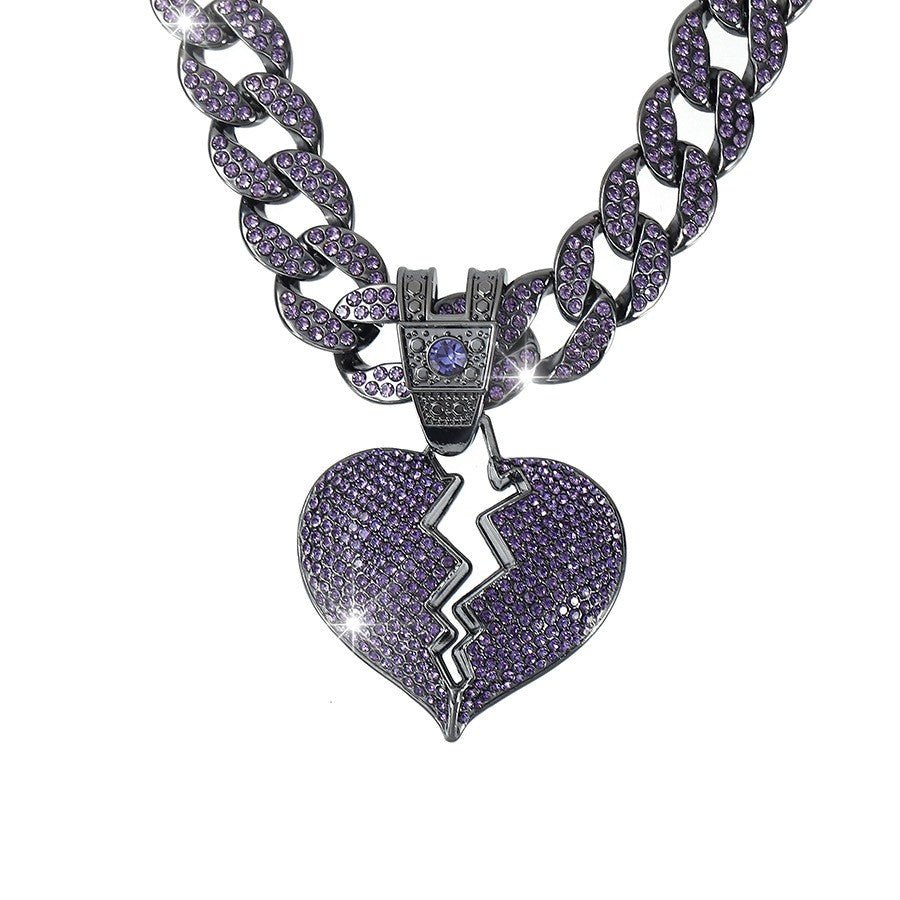 Purple Broken Heart Cuban Link Chain - Iced Out Statement Necklace - view 5