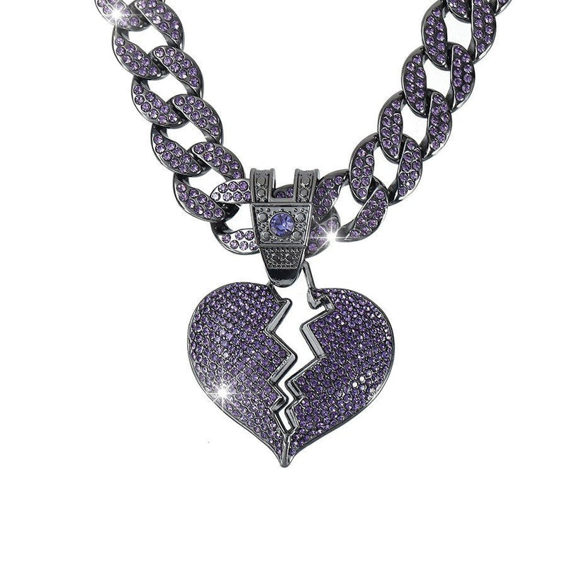 Purple Broken Heart Cuban Link Chain - Iced Out Statement Necklace - Buddhabelief