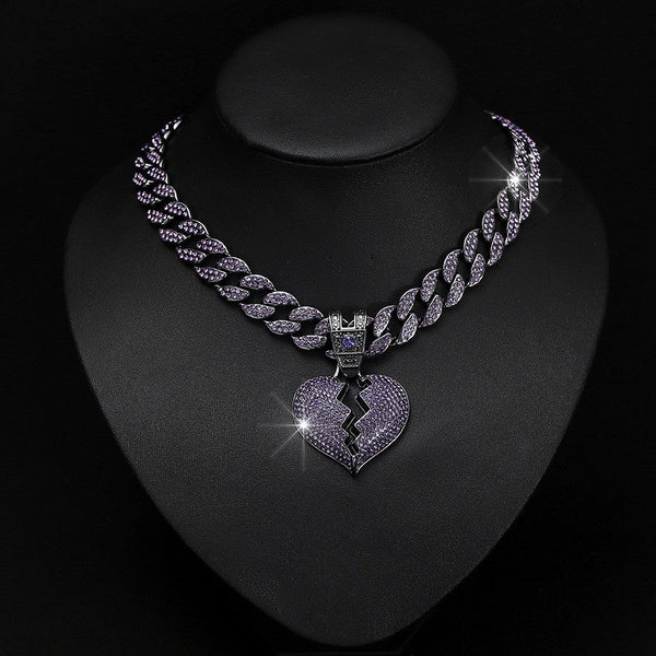 Purple Broken Heart Cuban Link Chain - Iced Out Statement Necklace