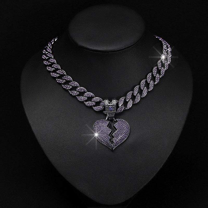Purple Broken Heart Cuban Link Chain - Iced Out Statement Necklace - Buddhabelief