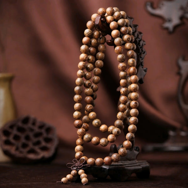 Striped Wood 108-Bead Mala with Beaded Tails