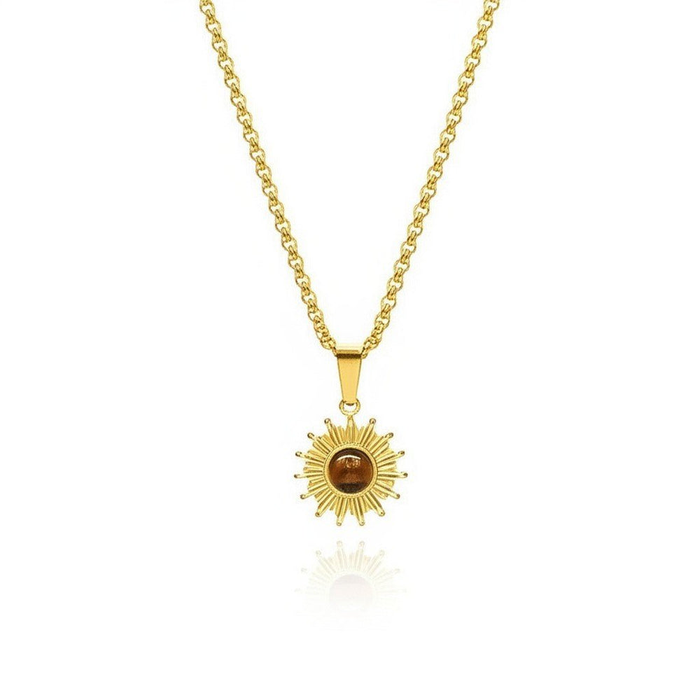 Sun Pendant Necklace with Cat's Eye Stone - Gold Radiating Design - view 2