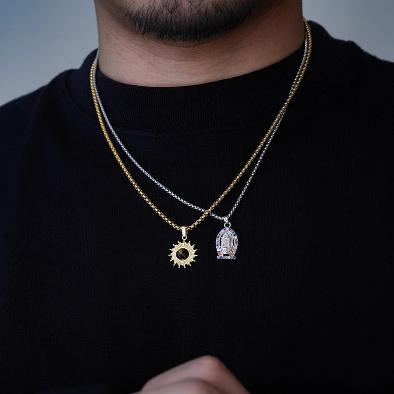 Sun Pendant Necklace with Cat's Eye Stone - Gold Radiating Design - Buddhabelief