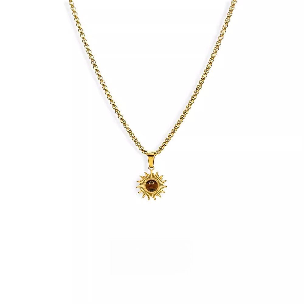 Sun Pendant Necklace with Cat's Eye Stone - Gold Radiating Design - view 5