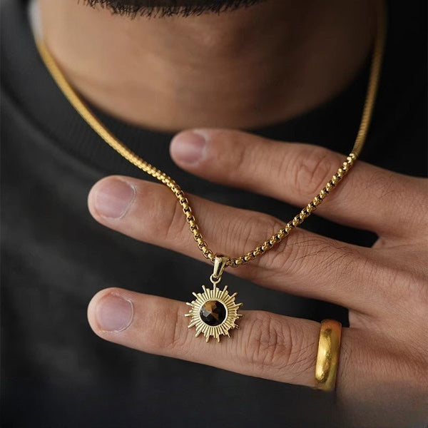 Sun Pendant Necklace with Cat's Eye Stone - Gold Radiating Design