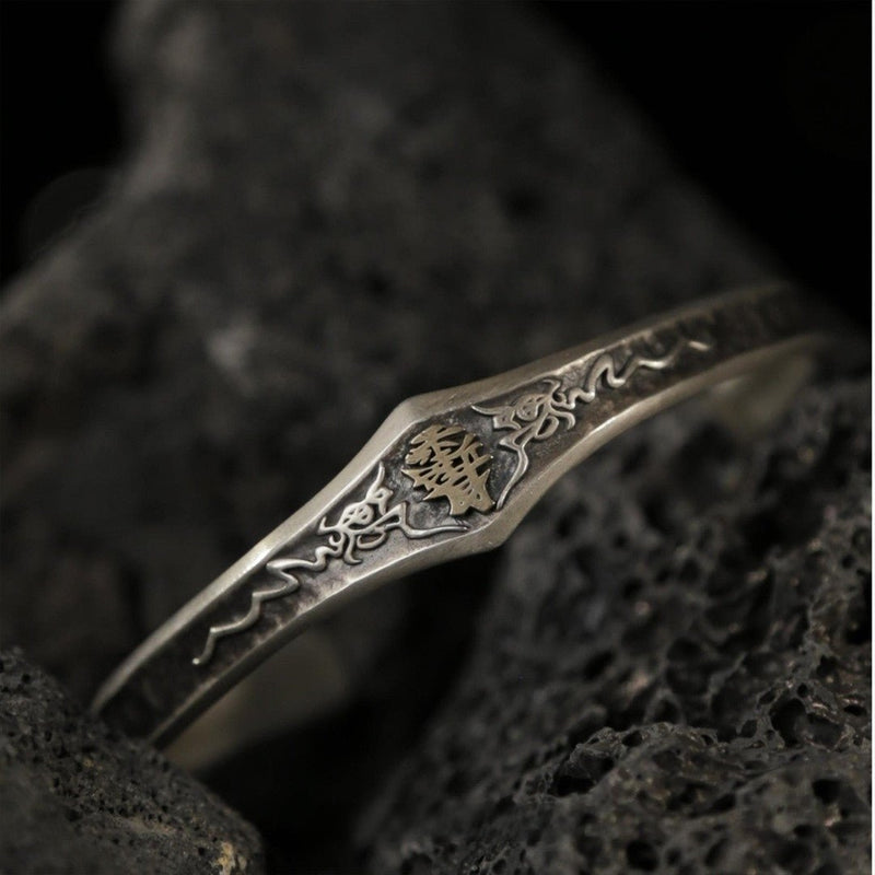 "The Guardian" Mountain Spirit Coin Silver Bangle (Taoist Protection Amulet) - Buddhabelief