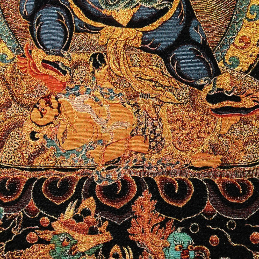 "The Wealth Guardian" Black Jambhala Silk Embroidery Thangka (Flowing Abundance) — view 3