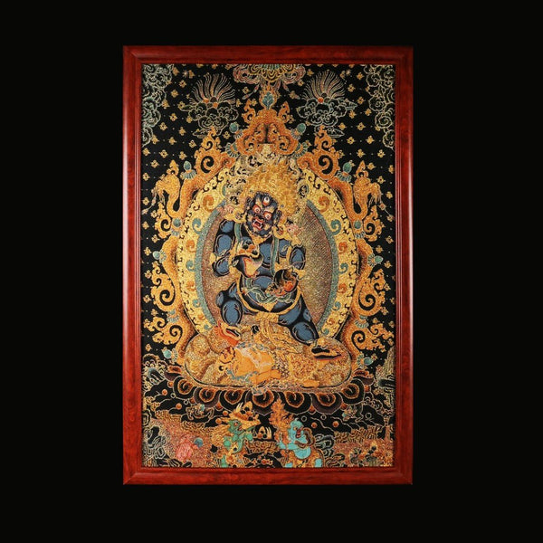 "The Wealth Guardian" Black Jambhala Silk Embroidery Thangka (Flowing Abundance)