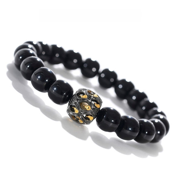Tibetan Blessed Black Agate Bracelet with Lotus-Carved Bead for Abundance